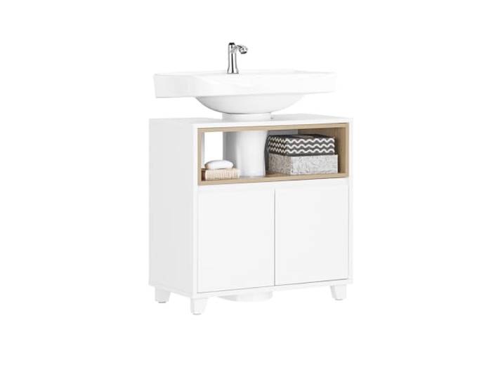 SoBuy Waschbeckenunterschrank mit Tür und 2 Fächern 60x30x61 cm Badezimmer Schmaler Bad Unterschrank, Badezimmer Schrank Weiß-Holz Design BZR148-W