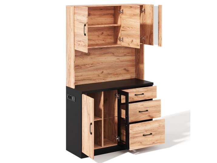 Oxeza Buffet 105/40/180 cm Neutral mit LED-Beleuchtung, verstellbaren Einlegeböden und Steckdose im Euro-Stil, Naturfarben, Holz, Nachbildung,Recyclingholz, Mode, Rechteckig, 105x180x40 cm, Esszimmer, Anrichten, Buffetschränke