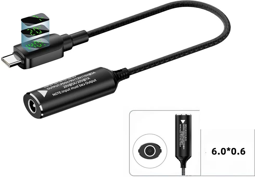 INF Adaptateur 140W DC (6.0x0.6mm) vers Type-C avec Affichage Numérique - Convertisseur de Câble Court