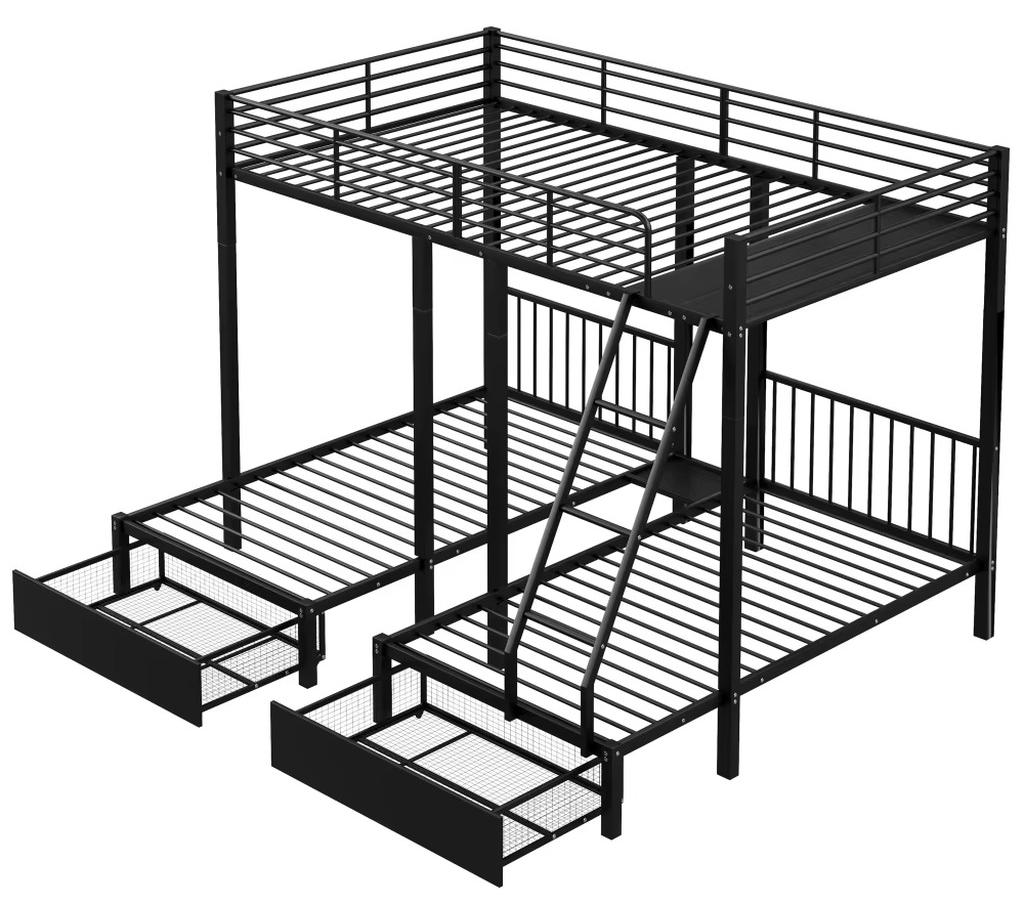 Metall-Etagenbett - Dreifach-Kombibett - Umwandelbar in Doppelbett 140x200 cm und zwei Einzelbetten 90x200 cm - Schubladen - Schwarz - Ohne Matratzen