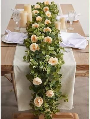 Inspired Living Evergreen Eucalyptus & Rose Garland 5.9 Ft Faux Floral Vine For Home, Wedding & Party Decor b