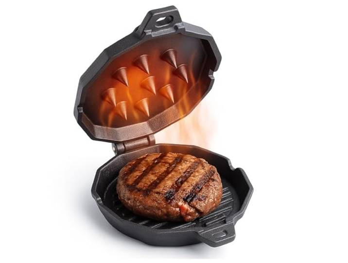 BURGERDEVIL Gusseisen Burgerpfanne mit Deckel - Doppel-Bratpfanne für perfekte Patties - Grillpfanne für BBQ, Smoker & Küche - Vorbehandelte, Hitzebeständige & Extra saftige Pattie-Pfanne (4 Stück)