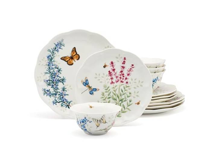 Lenox 897792 Tafelservice Butterfly Meadow Herbs 12-teilig Keramik, spülmaschinenfest, mikrowellengeeignet Teller und Schüssel-Sets für Küche und Esszimmer, Geschirrset, Geschirr