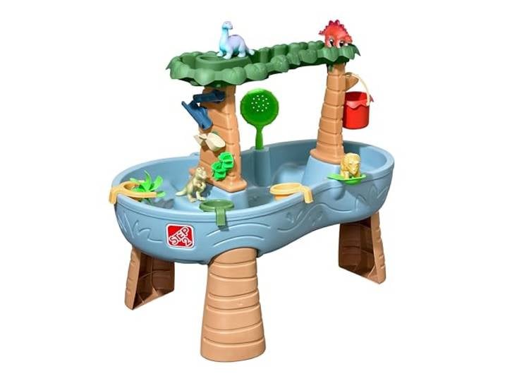 Step2 Dino Showers Wasserspieltisch aus Kunststoff mit 13-teiligem Zubehör Wassertisch in Blau & Braun für Kinder mit Dinosaurier, Wasserspielzeug mit 2 Etagen & Regenduschen Effekt, 18,9 l Wasser