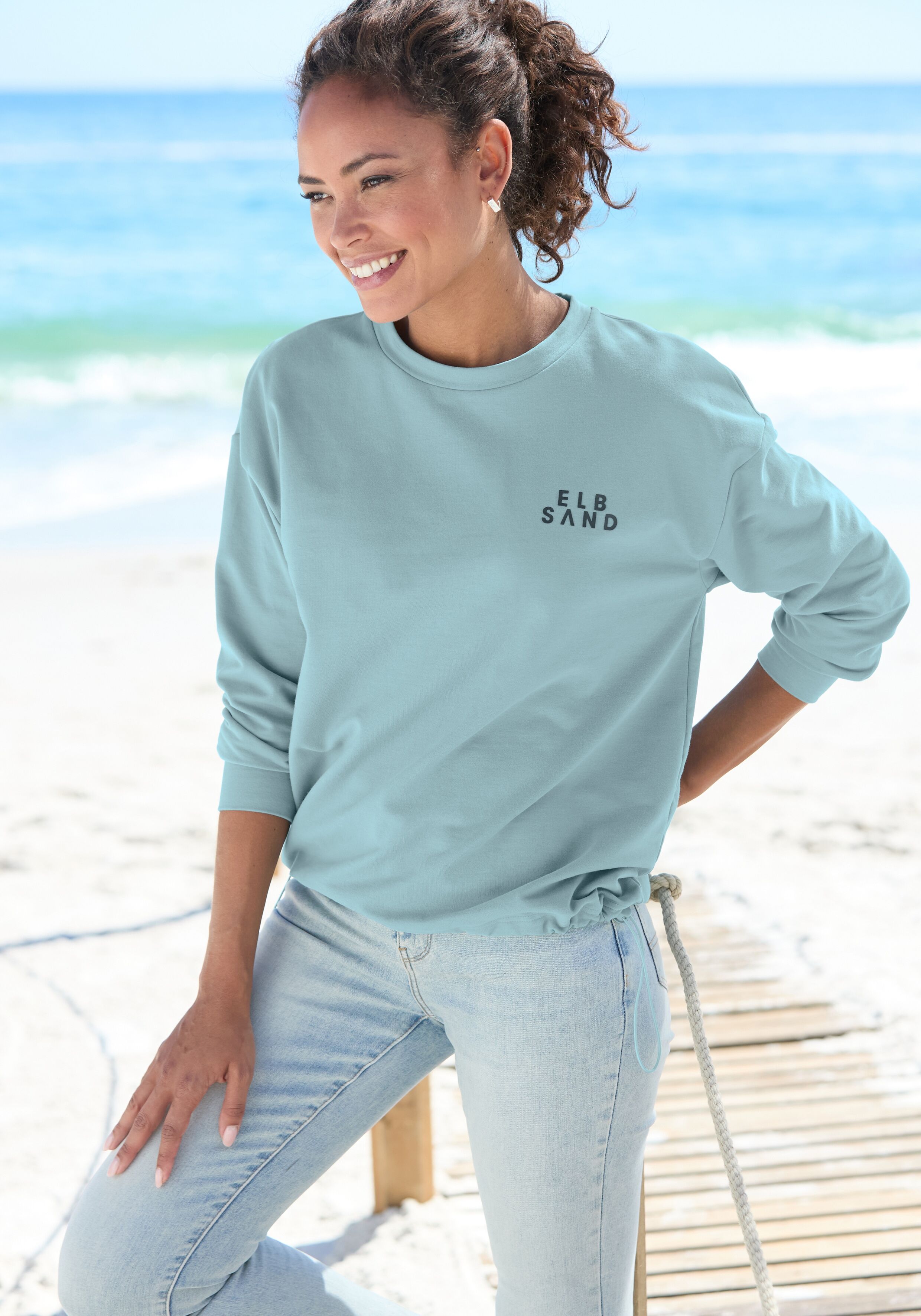 Sweatshirt ELBSAND "Carisa", Damen, Gr. S (36), blau (aquamarine), Sweatware, Obermaterial: 95% Baumwolle, 5% Elasthan, unifarben, figurumspielend hüftlang, Rundhals, Sweatshirts Sweatshirt, mit verstellbarem Gummizug am Saum, lockere Passform, casual-spo