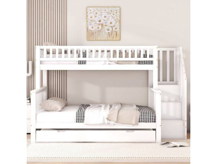 Lit Superposé Enfant - MERAX - 90x200 + 140x200 cm - Bois Blanc - Lit Gigogne - Escalier Rangement