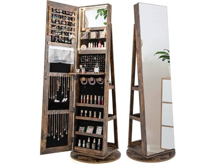 Armoire à Bijoux avec Miroir - RELAX4LIFE - Pivotante à 360°- Miroir de Maquillage Intégré - Éclairage LED - Marron Rustique