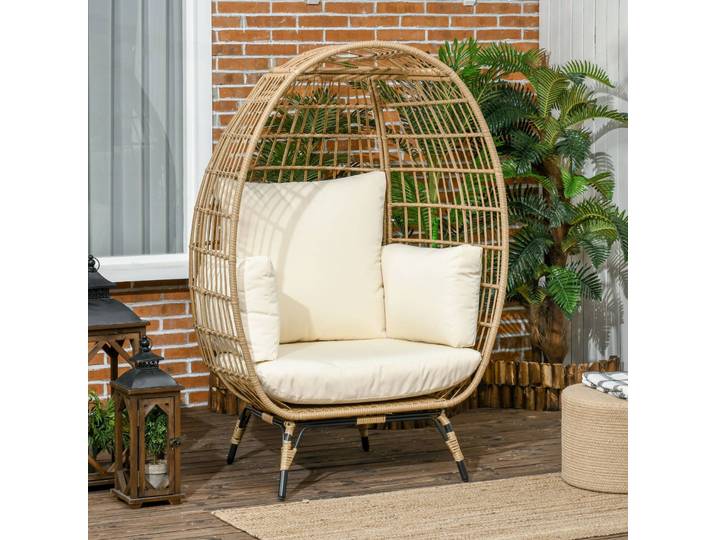 Fauteuil De Jardin Suspendu Effet Rotin Avec Coussins Épais\, Siège Œuf Extérieur En Acier\, Pieds Réglables\, Khaki\, Balcon Terrasse