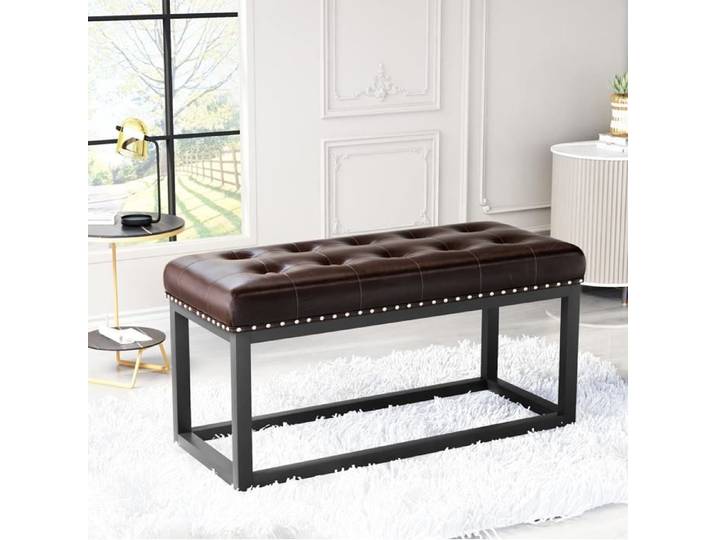 Banc rembourré vintage 90 cm en simili cuir capitonné noir et marron structure métal style industriel