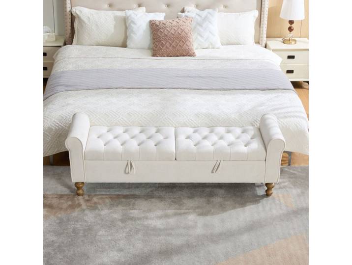 Banc de rangement - ZEVKOR - Banc de rangement 1 - 2 couvercles - Chenille beige - Structure bois 156x46 cm