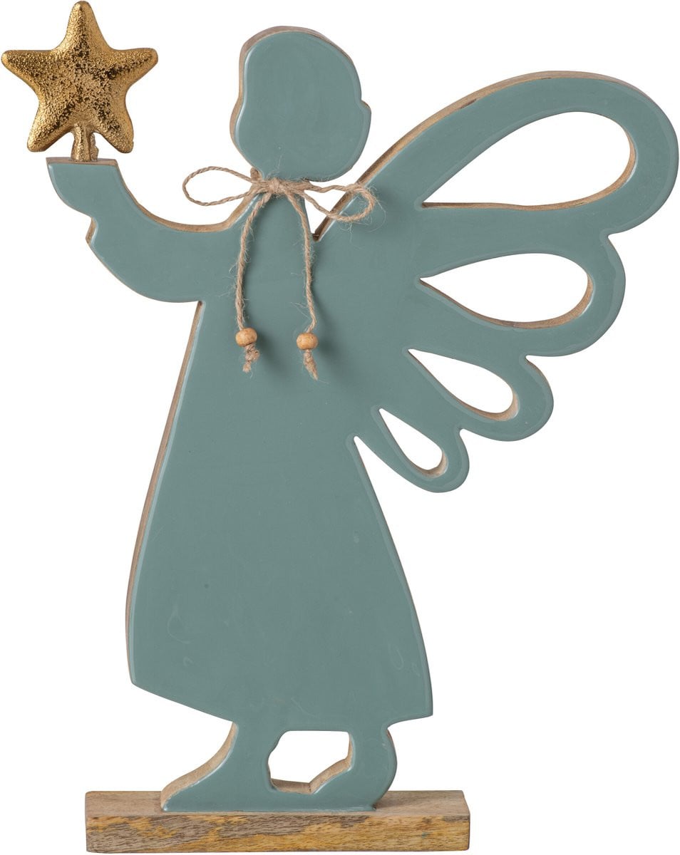 J-Line Engel met ster tabletop mangohout naturel/turquoise large