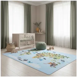 Spielteppich TRAUN in Blau, mit Weltkarte-Tiere-Motiv, 80 x 120 cm