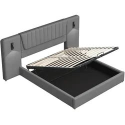 Polsterbett 180x200 mit hydraulischem Stauraum, USB-Anschluss, Leselampen, Samtbezug, Metallrahmen, grau, ideal für Komfort und praktischen Stauraum