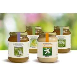 Helle Sortenhonige  Honigpaket 4 Gläser à 1kg, Bio Probierpakete