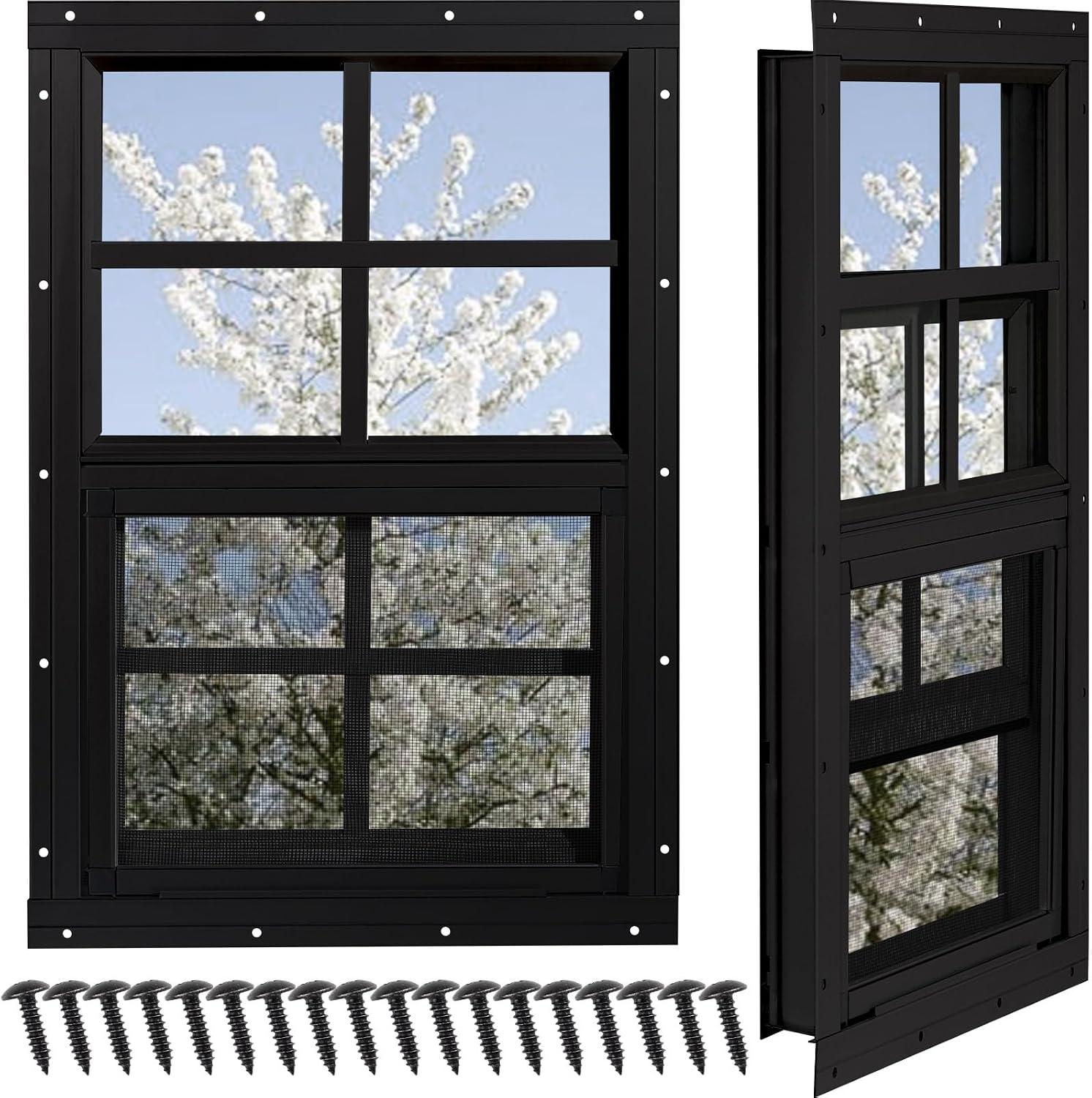 2er-Pack Schuppenfenster, Hühnerstallfenster 61 x 91,4 cm, mit gehärtetem Glas und Fiberglas-Gitter