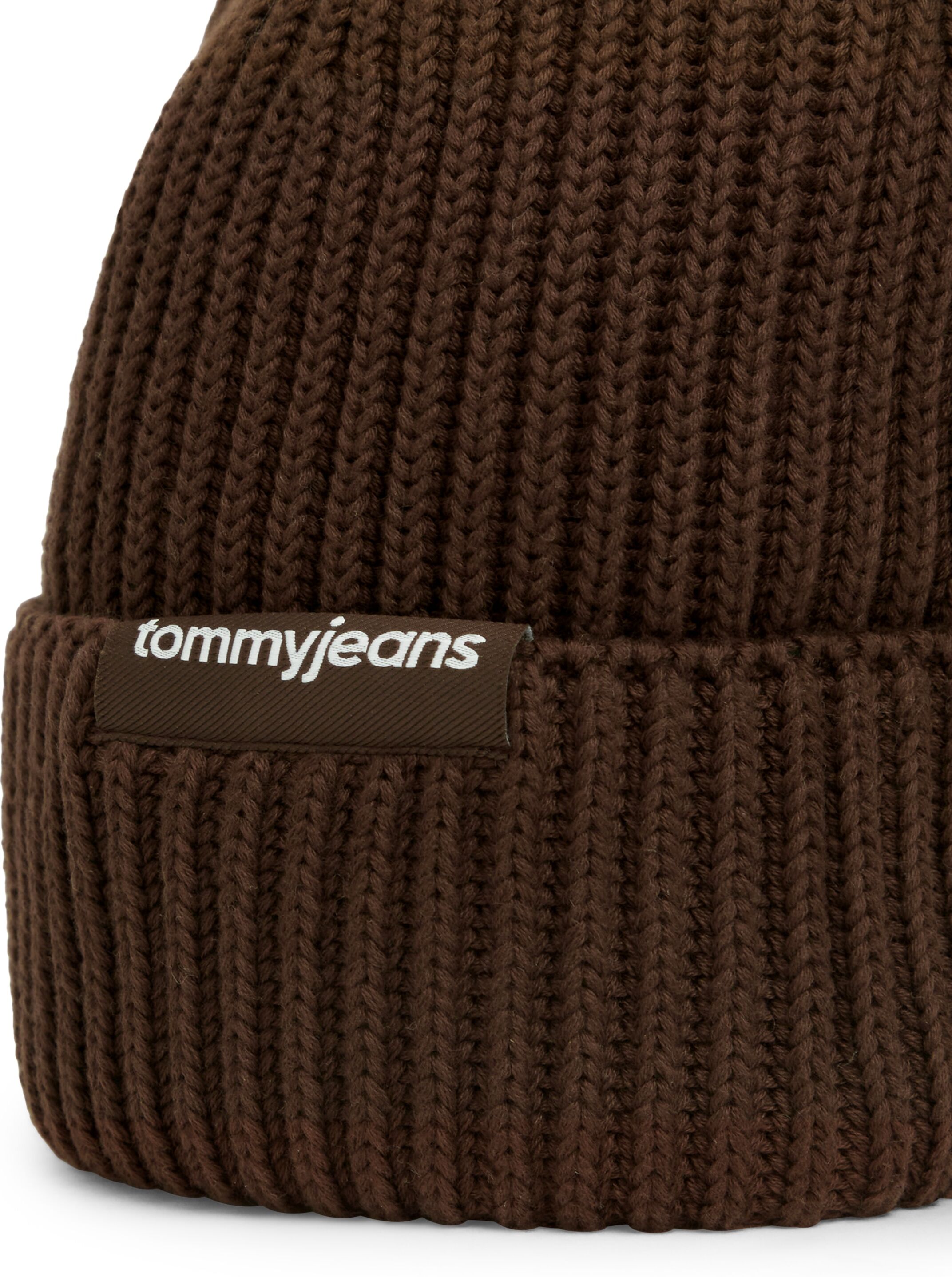 Beanie TOMMY JEANS "LINEAR LOGO BEANIE", braun (truffle braun), Strick, Baumwolle, unifarben, Mützen Beanie, Regular fit mit Markenlabel truffle braun Einheitsgröße