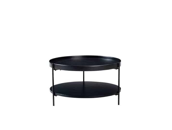 Modern 2-Tier Round Coffee Table, Nordic Style MDF with Real Wood Veneer Tray Center Table, Sturdy Metal Frame Coffee Table for Living Room (Black)