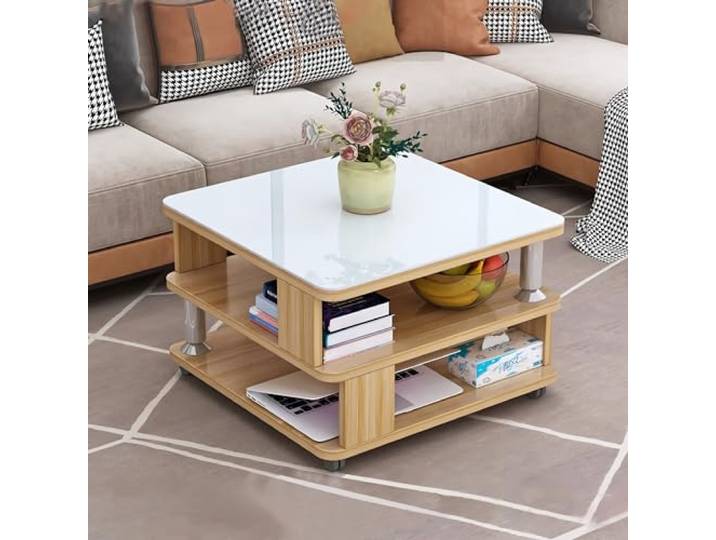 GHBXJX Klein Couchtisch mit Stauraum und Rollen, Sofa Beistelltisch Holztisch Wohnzimmer Tisch, Coffee Table Couchtische mit Glasplatte, einfacher Aufbau, moderner Stil, 50x50x55 cm,D