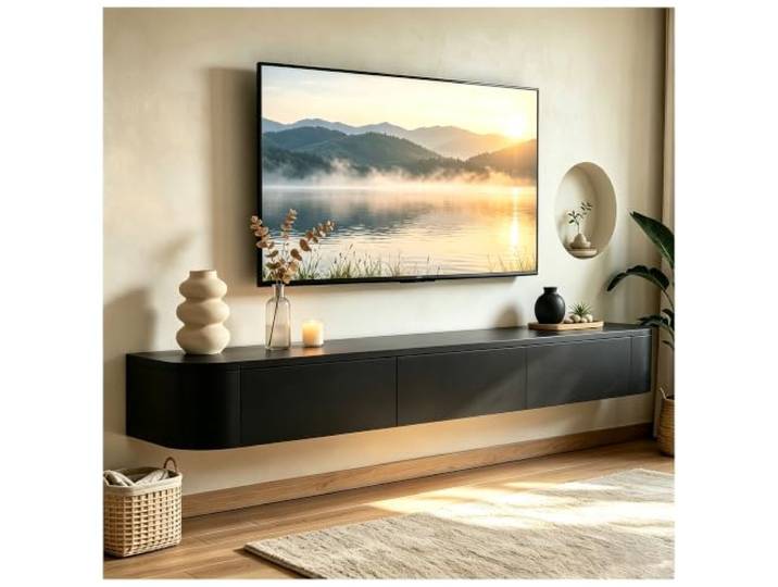 JUNFUNNLE TV-Schrank mit Schubladen & Klappe, Wandmontierbares Lowboard, Medienkonsole mit Kabelkanälen, Komplett Montiert (Schwarz, 120x24x20cm)