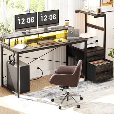 Rackcog 60'' Reversible Gaming Desk with Monitor Stand & Fabric Drawers，Home Office Computer Desk with RGB LED Strip & Power Outlets