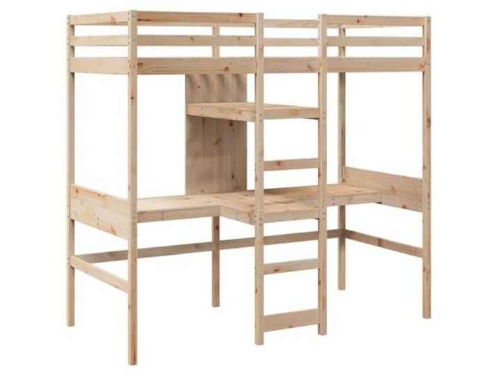 KTHLBRH Bettgestell 75 x 190 cm Massivholz Kiefer Mit 2 Schreibtischen, 2 Regalen, integrierter Leiter, Seiten aus Sizza, Lattenrost
