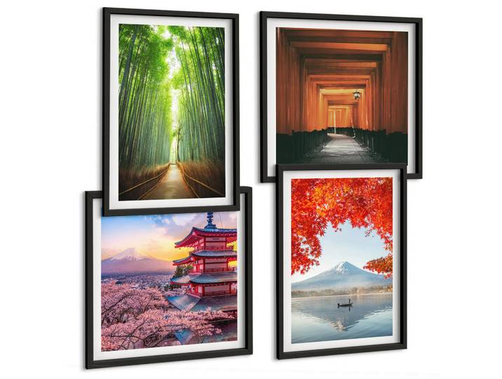 Tulup Bilder SET 4er Set - 50x50 cm & 40x60 cm Schwarzer Rahmen - Fuji-Torii-Bambuswald, Japan, Kunststoff, Rechteckig, 50x50 cm, gerahmt, Bilder & Rahmen, Bilder