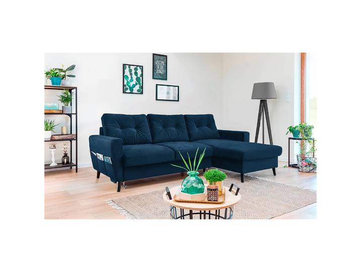 Ecksofa mit Longchair Blau/Petrol Samt Krysia 223 x 90 x 148cm Longchair davorstehend rechts mit Schlaffunktion Glamour