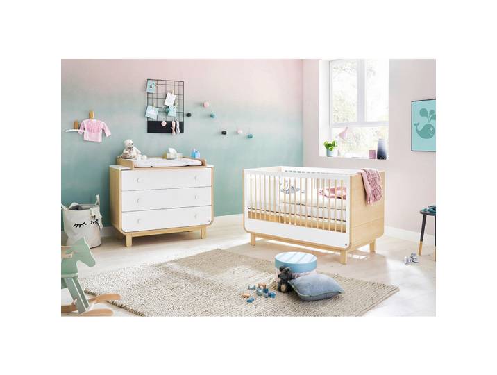 Pinolino Babyzimmer Pinolino Round, Weiß, Ahornfarben, 3 Schublade(n) Schubladen, zum Juniorbett umbaubar, höhenverstellbar, Sprossen mit Normabstand, Aufbauanleitung im Karton, Lattenrost inklusive, Schlupfsprossen, Babymöbel & Kindermöbel, Babyzimmer, Babyzimmer-Serien