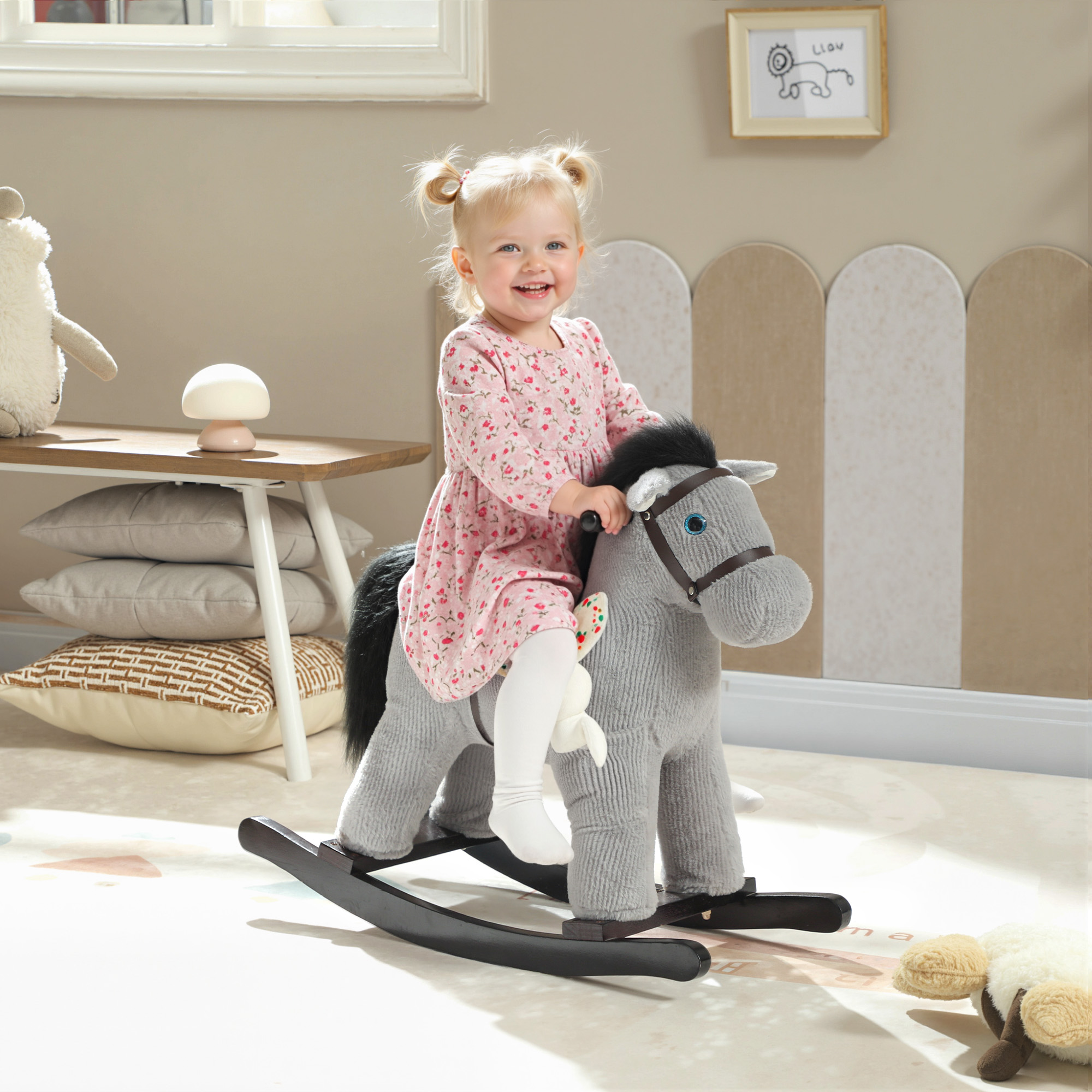 Aiyaplay Cavallo a Dondolo con Suoni per Bambini da 2-5 Anni e Animale di Peluche Incluso, Legno e Acciaio, Grigio   Aosom Italy