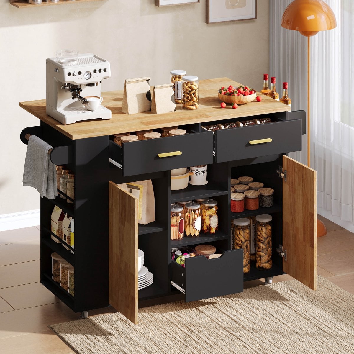 HAUSS SPOLE Keukenwagen met klapbaar werkblad en 3 laden, mobiel keukeneiland met opbergruimte en zwenkwielen, Zwart Natuurhout, B/D/H: 120 x 45 x 90 cm