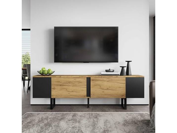 RAPRAP 180cm TV-Schrank Holz, Lowboard TV Board für 75 Zoll, Fernsehschrank mit 2 Schränke und Offene Lagerflächen auf beiden Seiten, Niedriges Design Tv Kommode (I)