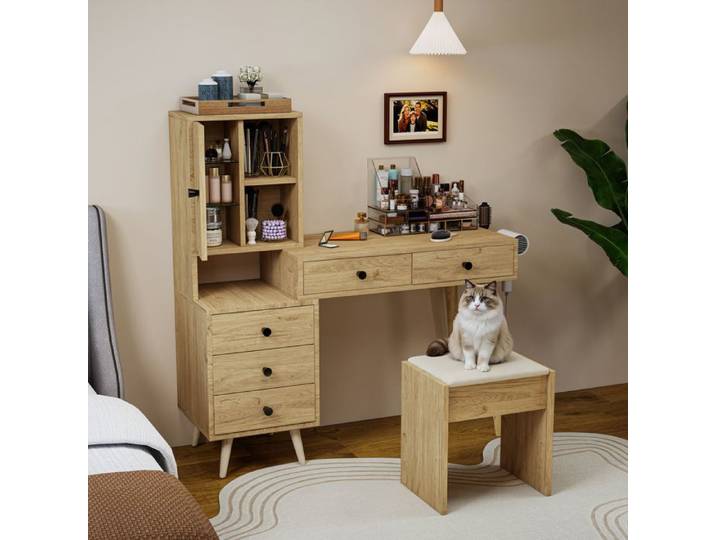 Coiffeuse - ZEVKOR - 5 Tiroirs - Miroir escamotable - Meuble latéral avec tabouret - 84×40×120 cm