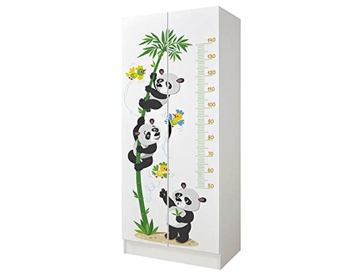 Leomark Roma Kleiderschrank aus Holzwerkstoff, Panda mit Messlatte, Weiß Maße 70x42,5x161,5 cm, 3 Fächer, Hängebereich für Kleidung, verstellbare Scharniere, abriebfester UV-Druck, sicherer Griff