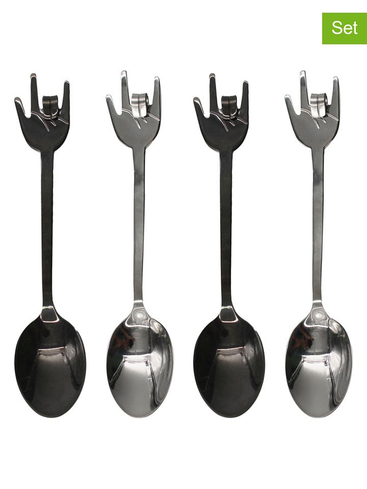 Winkee 4er-Set: Kaffeelöffel ''Rock'' in Silber/ Schwarz - (L)12 cm - onesize