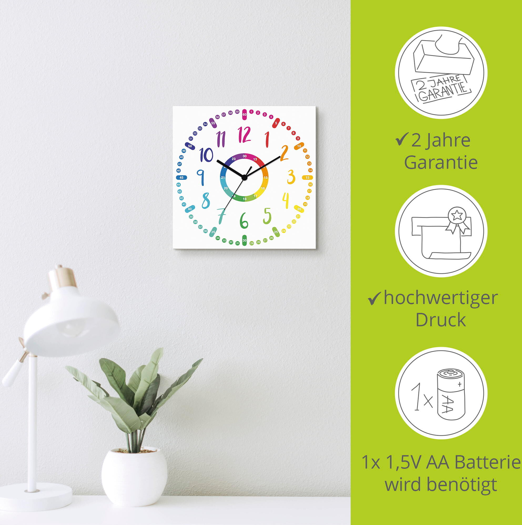 Wanduhr ARTLAND "Kinderuhr - bunt", bunt, B:30cm H:30cm T:0,3cm, Wanduhren, Wanduhr, wahlweise mit Quarz- oder Funkuhrwerk, lautlos ohne Tickgeräusche bunt B/H/T: 30cm x 30cm x 0,3cm, Funkuhr