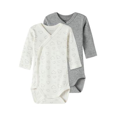 Langarmwickelbody NAME IT "NBNBODY 2P LS WRAP CLOUD NOOS", Jungen, Gr. 68, N-Gr, jet stream, Feinripp, Obermaterial: 100% Baumwolle, bedruckt, meliert, unifarben, Rundhals, Bodys