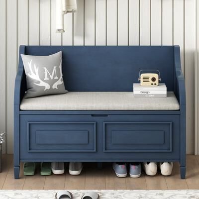 JimsMaison Solid Wood Entryway Multifunctional Storage Bench with Safety Hinge