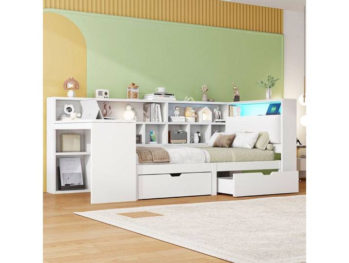 Bibliothèque 90x200 L-lit de plate-forme en bois avec bureau et bibliothèque Lit d'angle Capitaine avec lit rembourré Blanc