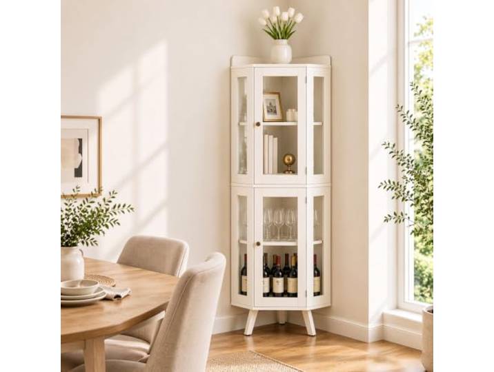 4-Ebene Eckschrank, Eckschmuckschrank mit Glastüren Platzsparendes Design, Schaltschrank für Sammlerstücke, kratzfeste gehärtete Glastüren, Wohnzimmer oder Bürodekoration
