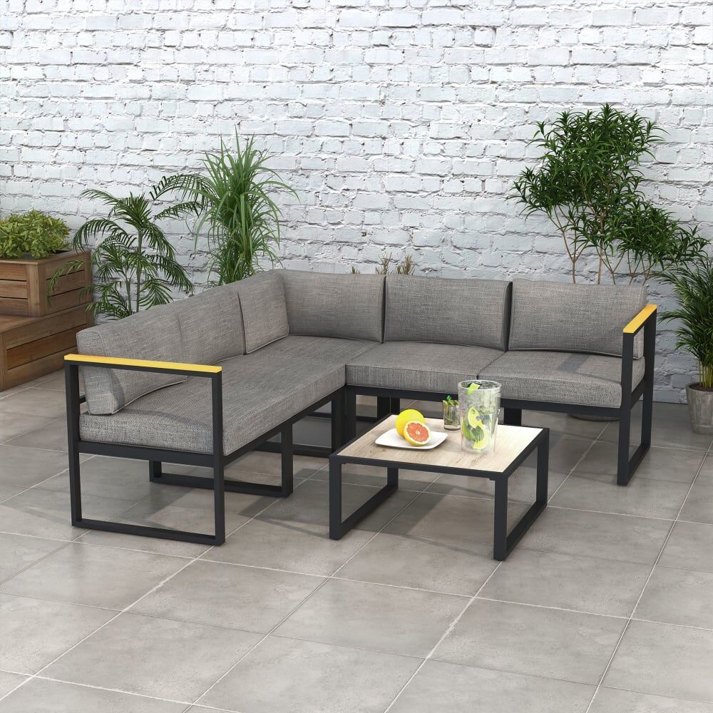 Outsunny Salon de jardin d'angle 5 places alu table basse coussins inclus Gris 65x31x65cm