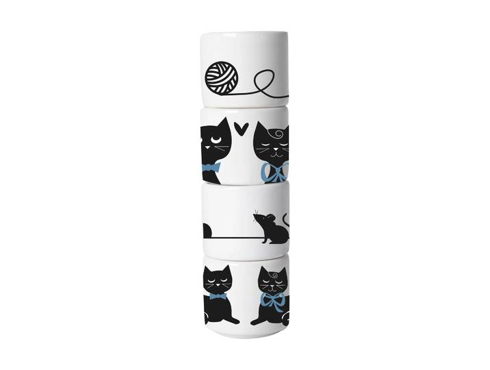 Pluto Design Coquetier Famille de Chats 4 pièces Blanc-noir-bleu