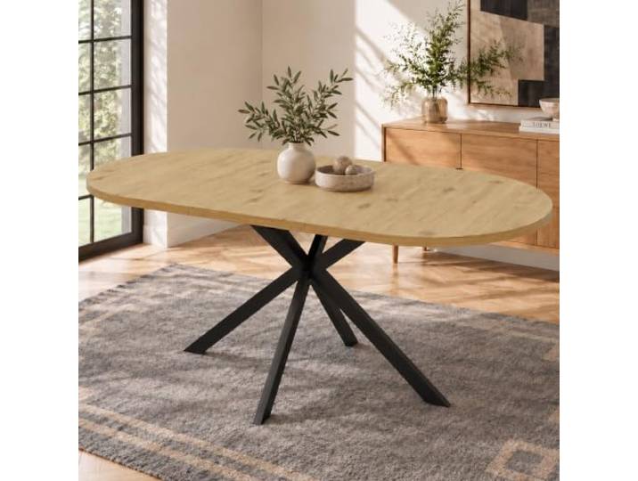 Elaimoros Ausziehbarer Esstisch, 160/120 * 80 cm, geeignet für 4-6 Personen, ovale Tischplatte, Metallbeine, minimalistischer Stil, geeignet für Esszimmer, Küche und Wohnzimmer, Holzfarbe