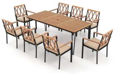Costway 9-Piece Patio Dining Set 35.5 Inch Acacia Wood Table with Umbrella Hole and 22.5-Inch Wide Chairs