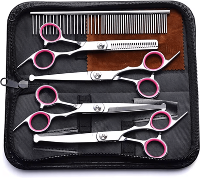 Inspire Curations Professional Pet Grooming Scissors Set 5 in 1 Stainless Steel Dog & Cat Trimming Kit With Safety Tips pink