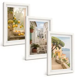 BILDER SET 3er Set - 20x30 cm Weißer Rahmen - Blick aus dem Fenster auf einen Zitrusbaum