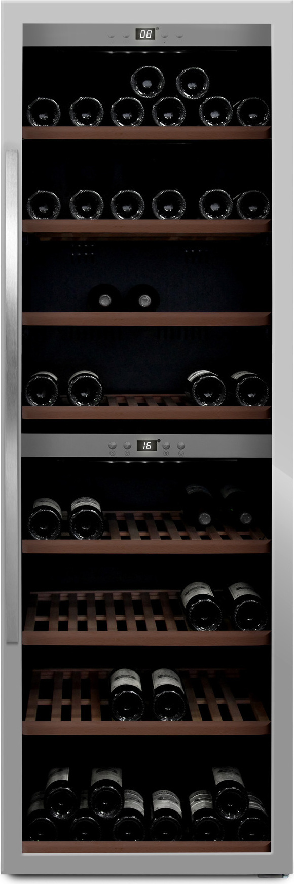 mQuvée Freistehender Weinkühlschrank - WineExpert 180 Stainless | 2 Temperaturzonen 5-20°C | Buchenholzregale auf Schienen | UV-Glastür | Kompressor