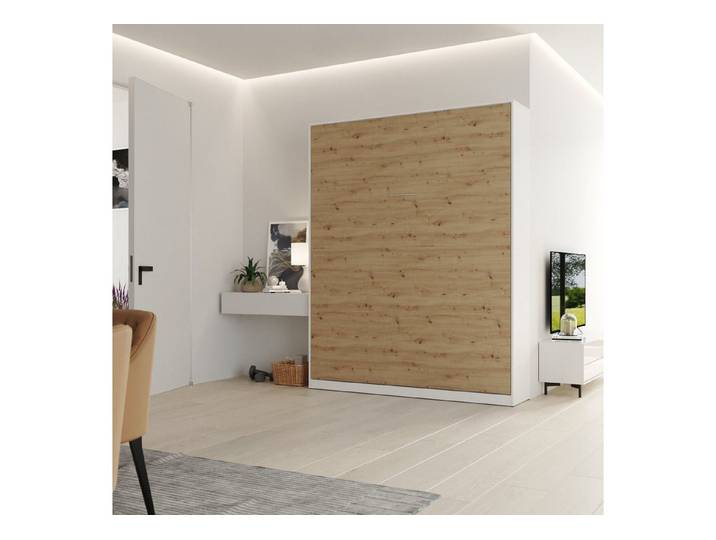 SMARTBett Schrankbett Classico 160x200 cm Vertikal Weiß/ Wildeiche Wandbett, Wandklappbett Gasdruckfedern