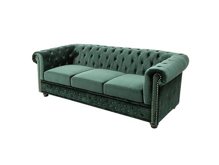 3-Sitzer Sofa CHESTERFIELD - 205cm - flaschengrün - Samt Holzfüße Taschenfederkern, Knopfheftung, Ziernieten, Rundum-Bezug, englischer Stil, pflegeleicht