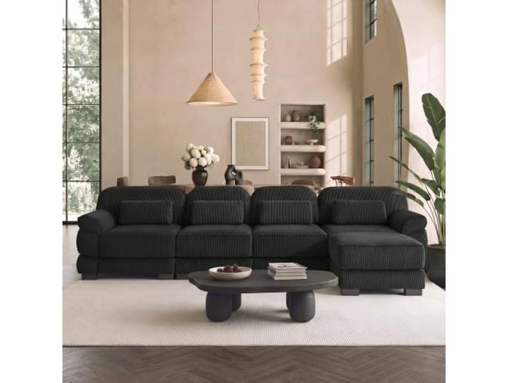 SoarTalent 336cm Modulares Sofa 4-Sitzer mit 1 Hocker, Ecksofa L-Form, Schwarz