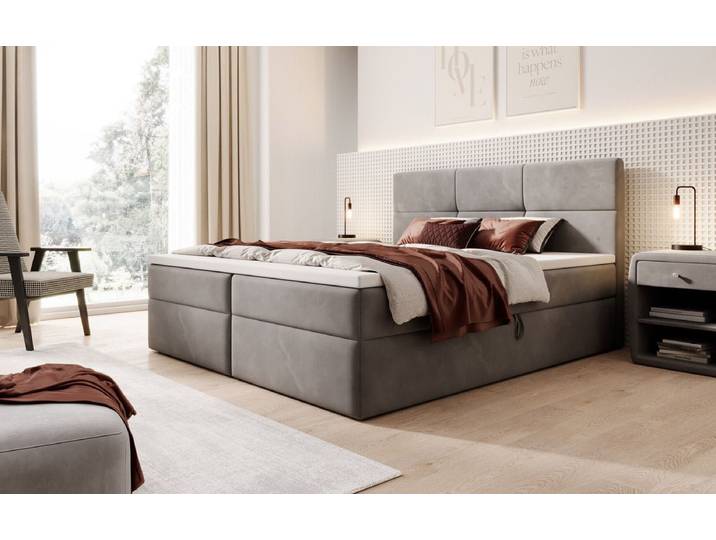 Boxspringbett Eleonora Samt mit Stauraum - Grau - 140x200 - inkl. Topper - Luxusbetten24